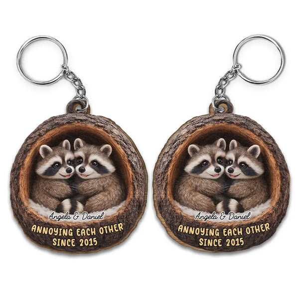 Gift For Couples,Gift For Women,Gift For Men,Gift For Boyfriend,Gift For Girlfriend,Gift For Wife,Gift For Husband,Funny,Love - 3D Effect Couple Raccoon Annoying Each Other - Personalized Wooden Keychain