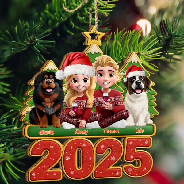 Christmas,Gift For Couples,Dog Couple,Happy,Dog Lovers - 3D Effect Couple Sitting With Dogs - Personalized Custom Shaped Wooden Ornament