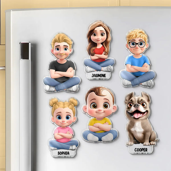 Family, Gift For Grandparents, Pet Couple, Pet Lovers, Grandpa - Grandkids, Grandma - Grandkids, Non-Eng - 3D Effect Family Member Cross Arm - Personalized Acrylic Fridge Magnet