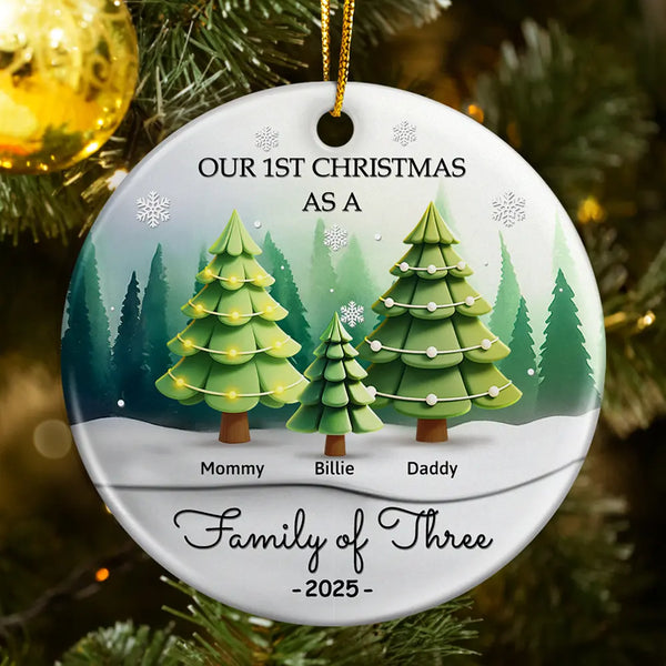 Family, Parents, Gift For Kids, Christmas, Happy - 3D Effect First Christmas As A Family Of Three - Personalized Circle Ceramic Ornament