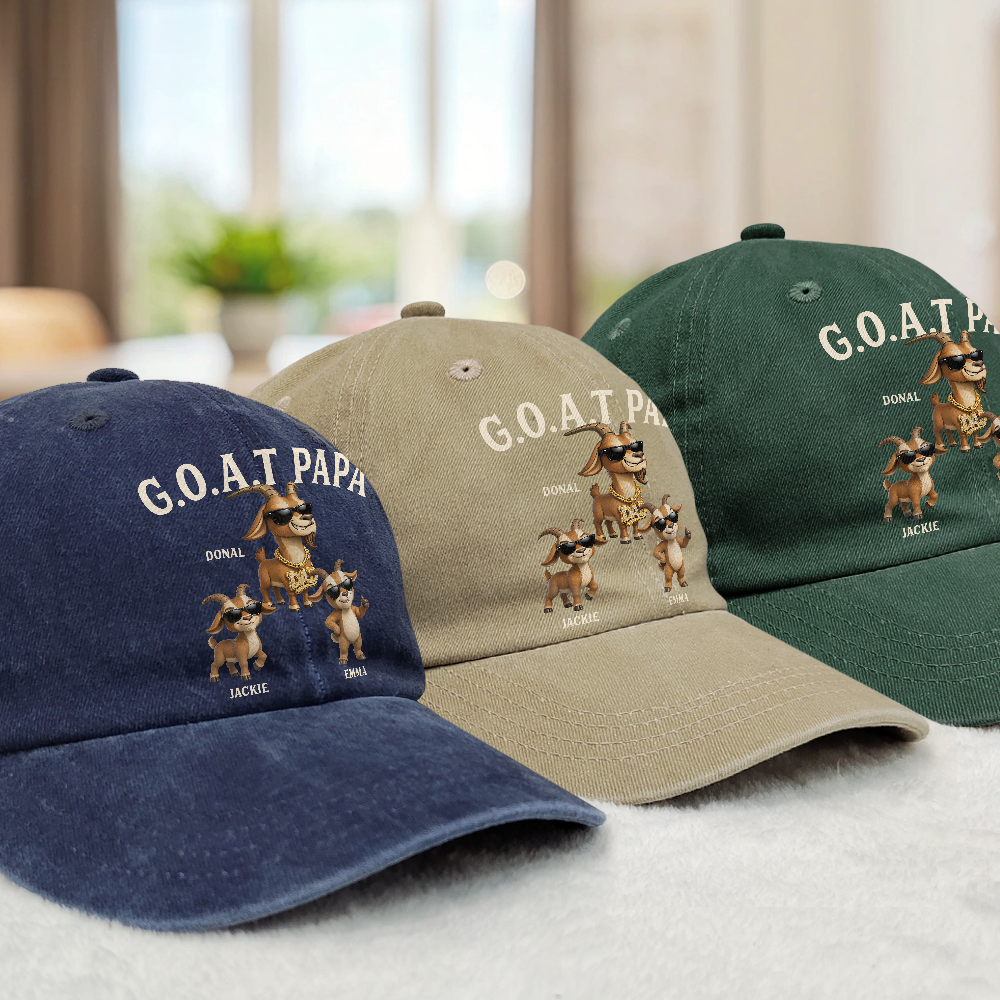 Gift For Father,Humorous,Icon - 3D Effect Goat Dad And Kids - Personalized Vintage Washed Denim Cap