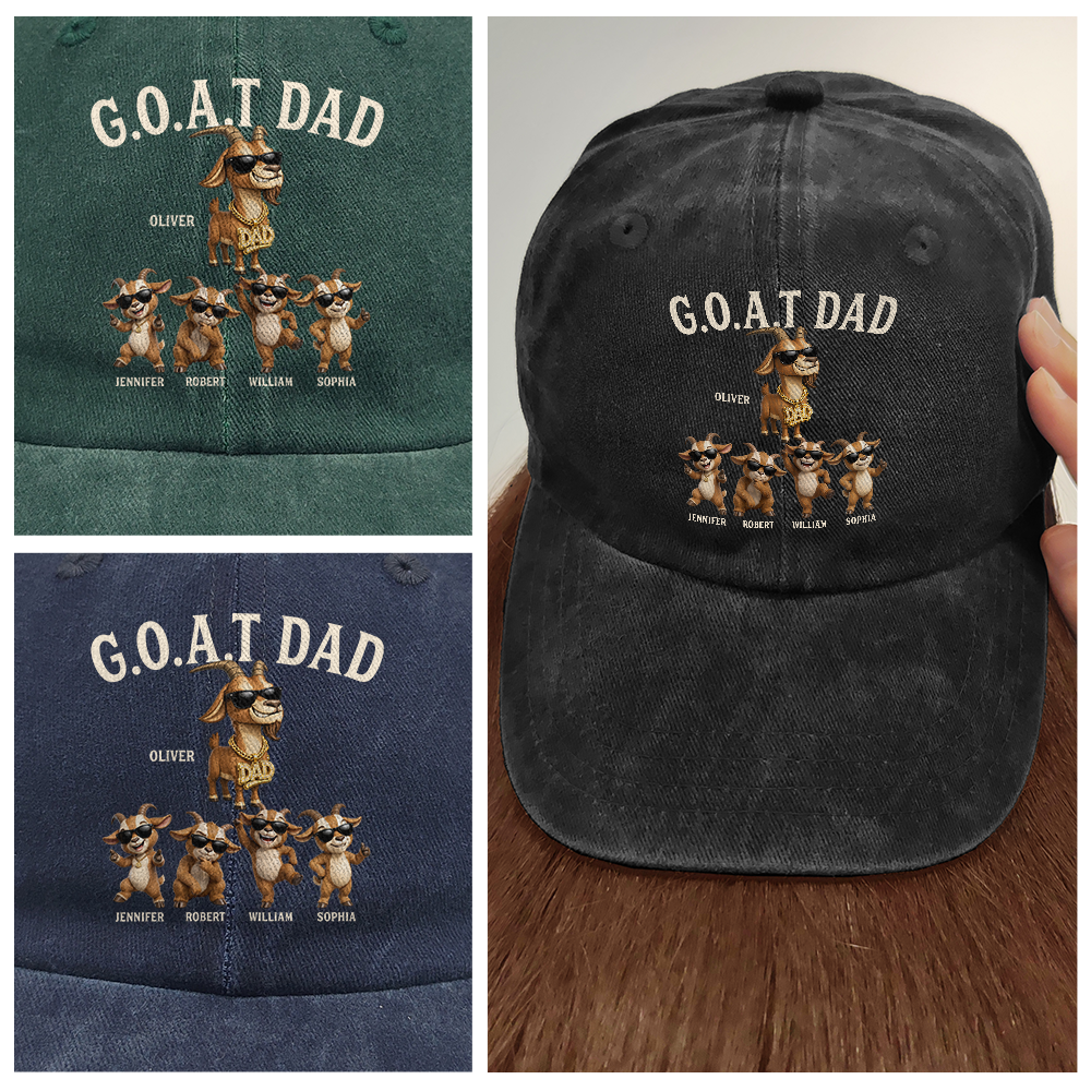 Gift For Father,Humorous,Icon - 3D Effect Goat Dad And Kids - Personalized Vintage Washed Denim Cap