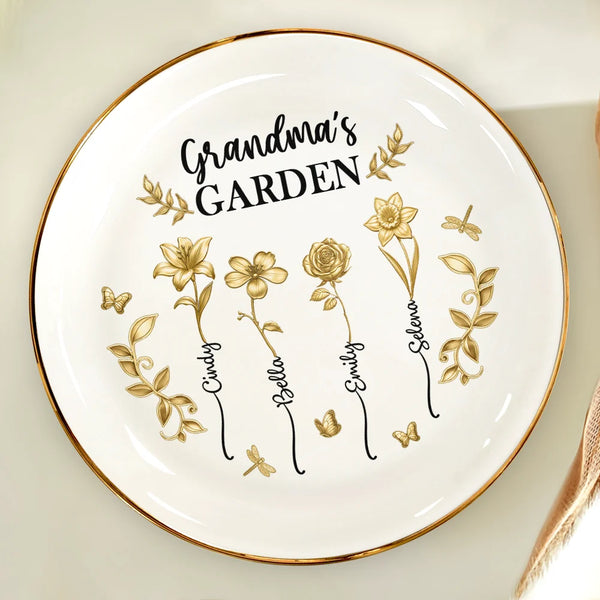 Gift For Women, Gift For Mother, Gift For Grandma, Love - 3D Metal Effect Birth Month Flowers Grandmas Moms Garden - Personalized Round Ring Dish