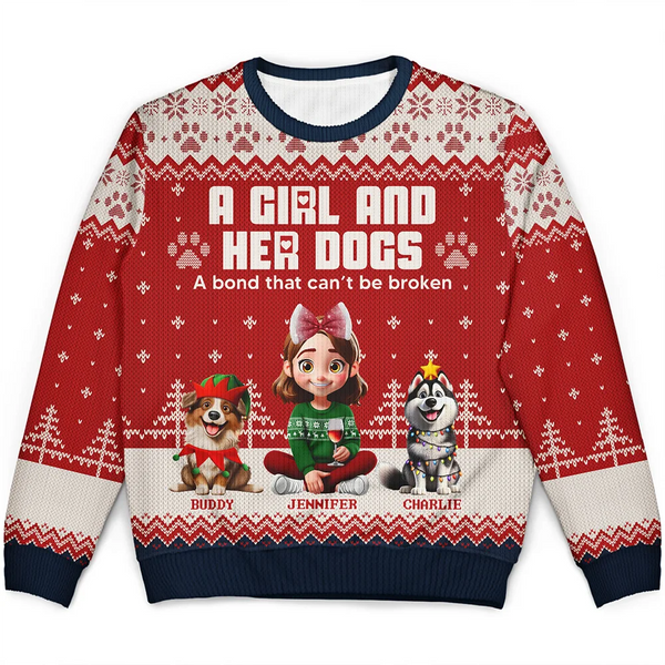 Christmas, Pet Lovers, Pet Mom, Pet Dad, Happy - A Girl And Her Dogs - Personalized Unisex Ugly Sweater