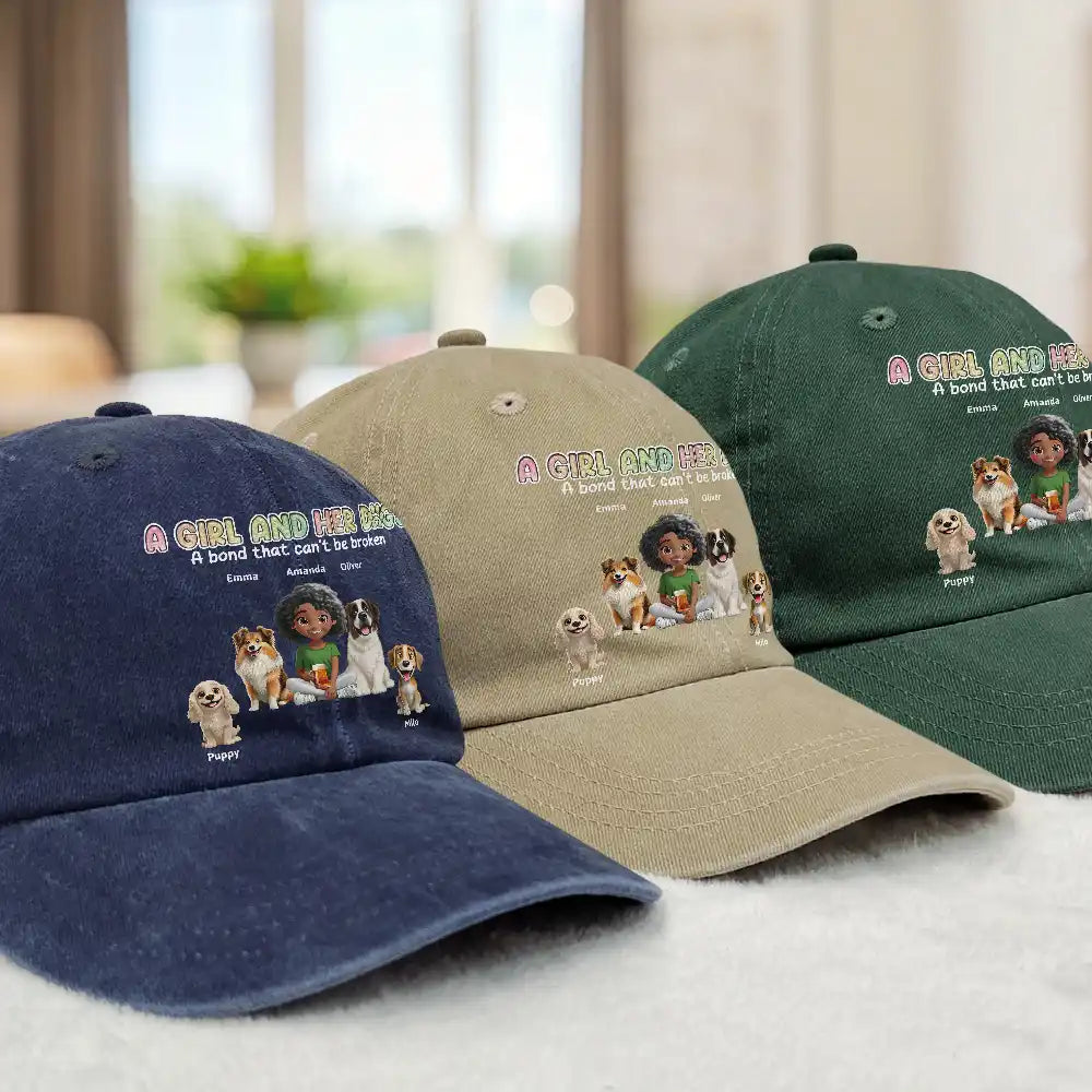 Dog Lovers, Dog Mom, Dog Dad, Summer, Pet Lovers, Pet Mom, Pet Dad, Happy - A Girl And Her Dogs - Personalized Vintage Washed Denim Cap