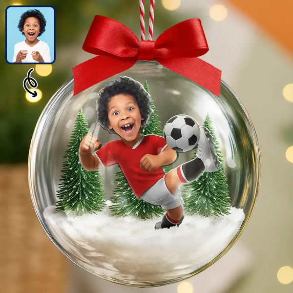 Gift For Kids,Custom Photo,Photo Hobby Ornament,Christmas,Happy - Custom Photo Kid Playing Football Soccer - Personalized 3D Acrylic Ball Ornament