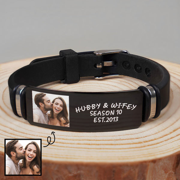 Custom Photo Hubby And Wifey - Birthday, Anniversary Gift For Spouse, Husband, Wife, Couple - Personalized Wristband Bracelet
