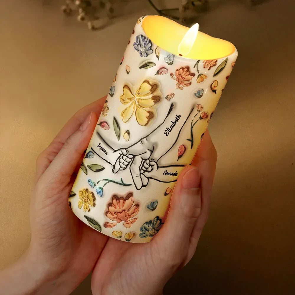 Gift For Grandma, Gift For Mother - Hand In Hand, I Will Always Protect You Mom, Grandma - 3D Inflated Effect Printed Personalized Flameless LED Candle