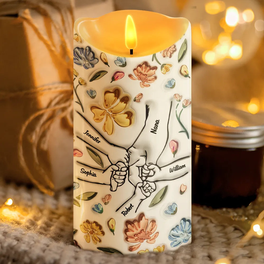 Gift For Grandma, Gift For Mother - Hand In Hand, I Will Always Protect You Mom, Grandma - 3D Inflated Effect Printed Personalized Flameless LED Candle