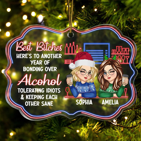 Here's To Another Year Of Bonding Over Alcohol Christmas Bestie - Personalized Medallion Acrylic Ornament