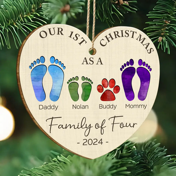 Family - First Christmas As A Family Of Four Color Footprints - Personalized Custom Shaped Wooden Ornament