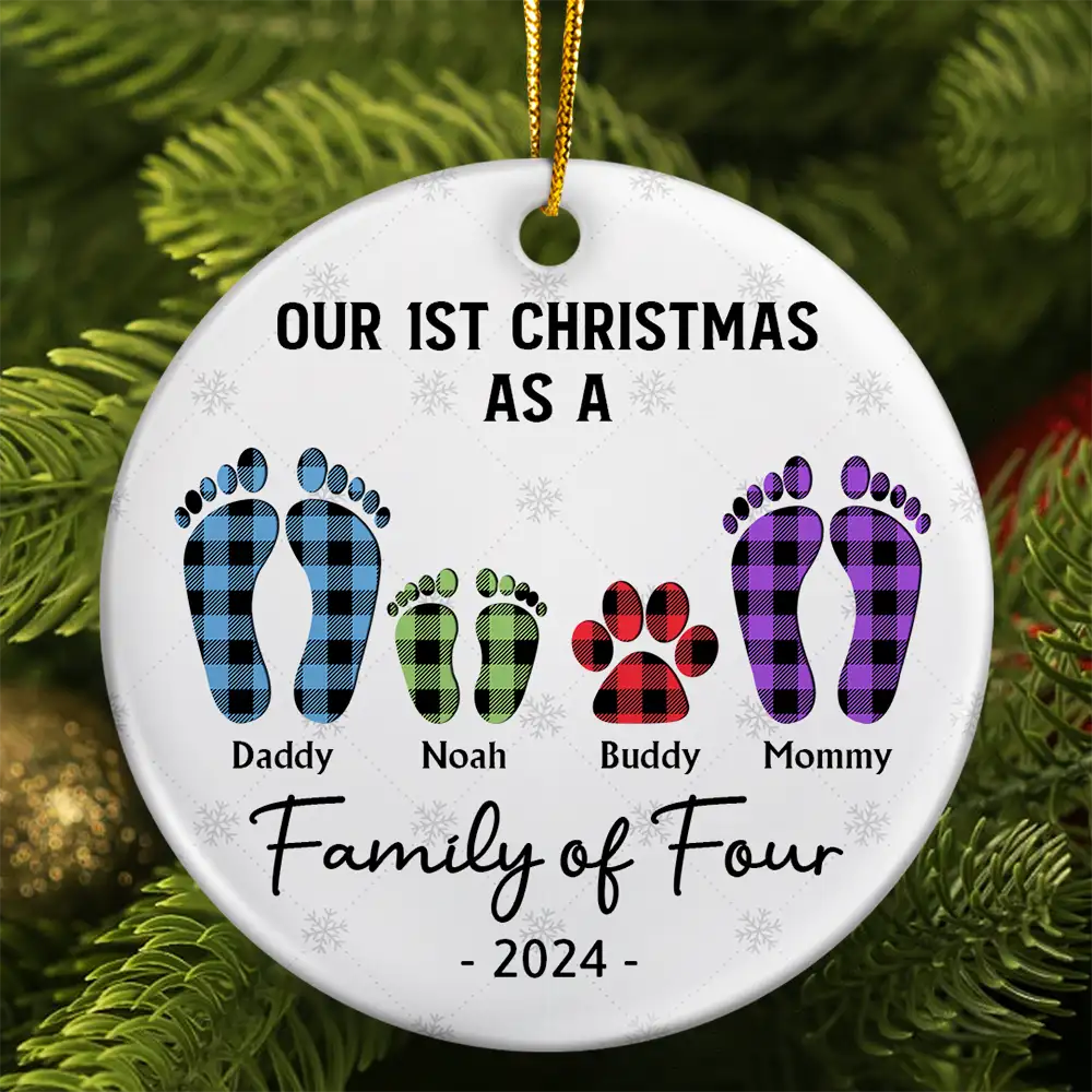 Family, Parents - First Christmas As A Family Of Four Flannel Footprints - Personalized Circle Ceramic Ornament