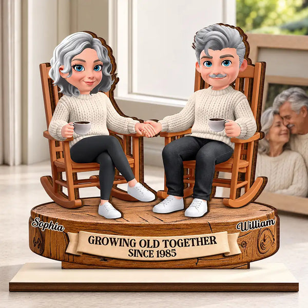Anniversary,Christmas,Gift For Couples,Old Couples,Romantic,Vector - Anniversary Gift For Couples - Personalized Rocking Chairs Growing Old Wooden Plaque