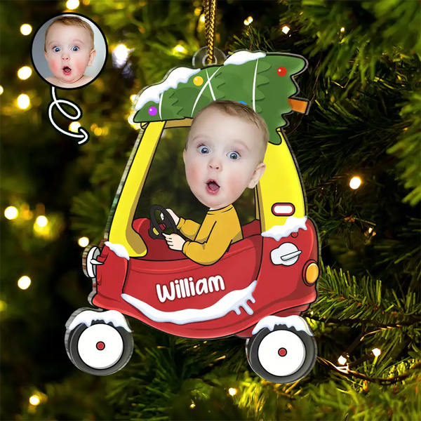 Custom Photo Christmas Baby Kid In Car - Personalized Custom Shaped Acrylic Ornament