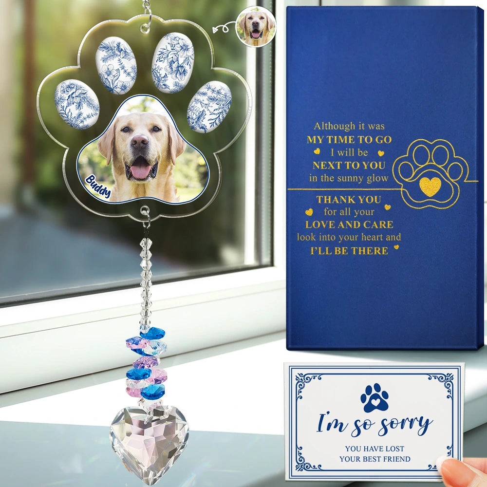 Pet Lovers,Love,Memorial,Custom Photo - Custom Photo Sympathy Pet Memorial Gift Sorry You Have Lost - Personalized Heart Crystal Suncatcher