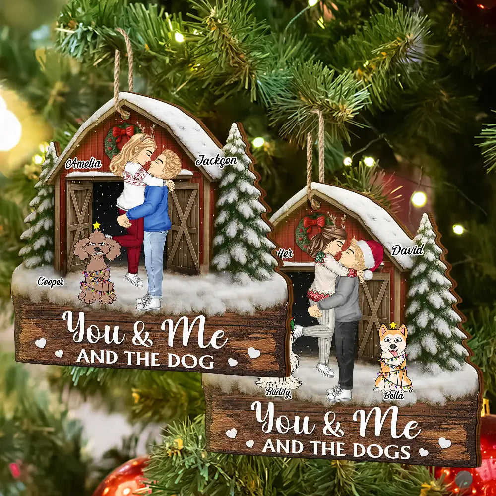 Dog Couple,Dog Lovers,Dog Mom,Dog Dad,Happy - You And Me And The Dogs Pet Couple Red Barn - Personalized Custom Shaped Wooden Ornament