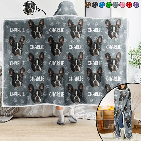 Cat Lovers,Pet Lovers,Dog Lovers,Dog Mom,Dog Dad,Cat Mom,Cat Dad,Happy - Custom Photo Funny Pet Face Pattern Dog Cat Family - Personalized Wearable Hooded Blanket