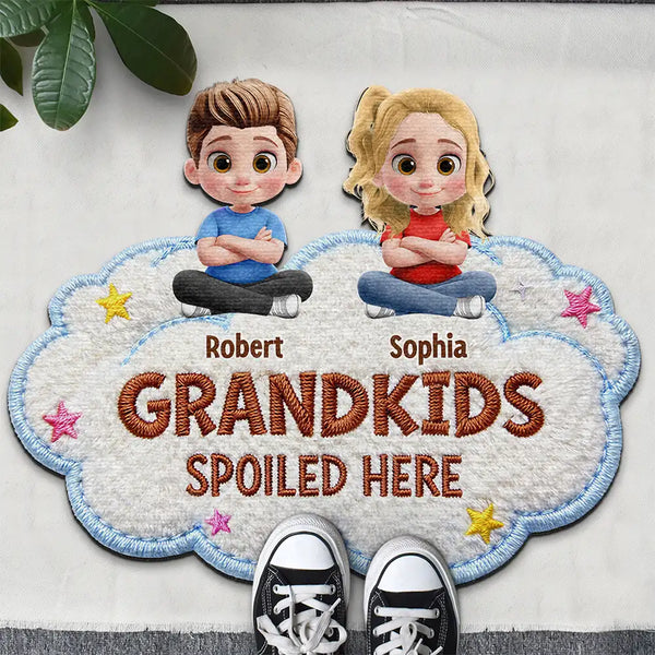 Gift For Grandma,Gift For Grandpa,Grandpa - Grandkids,Grandma - Grandkids,Gift For Women,Gift For Men,Happy,Top Market - Faux Embroidery Effect Spoiled Grandkids Live Here - Personalized Custom Shaped Doormat
