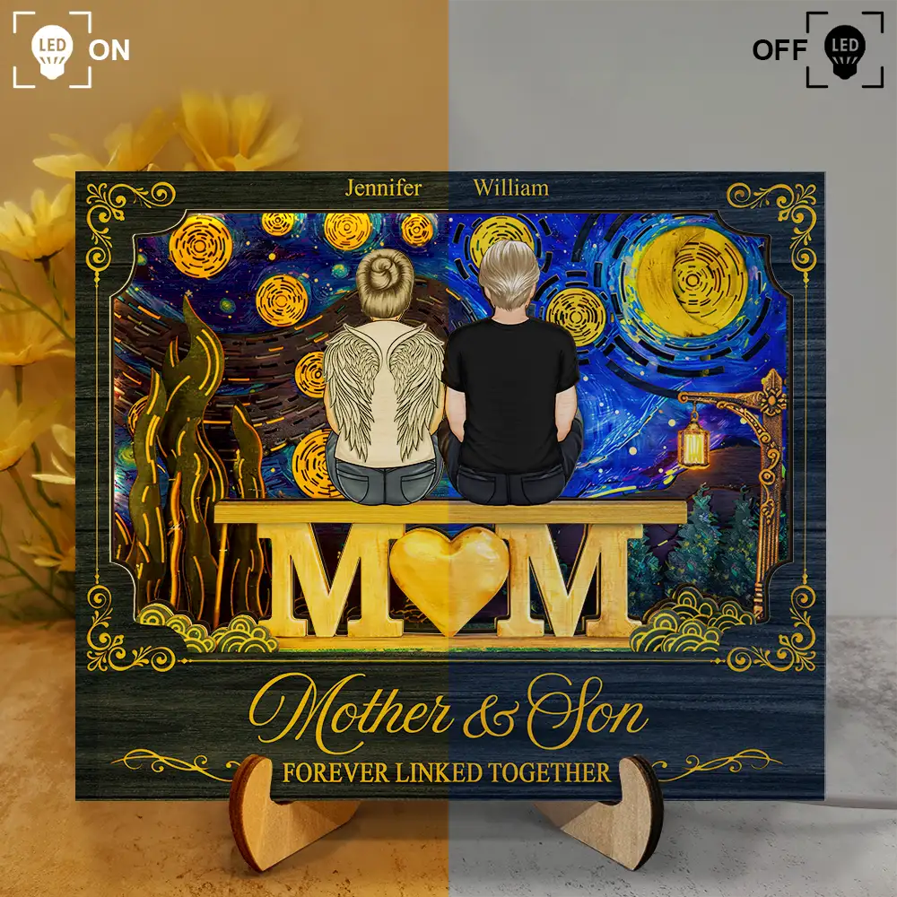 Gift For Mother,Mom - Daughters (Adult),Mom - Daughters (Young),Mom - Sons,Mom - Children,Love,Top Market,Vector - Mother & Children Forever Linked Together - Personalized LED Light Wooden Plaque