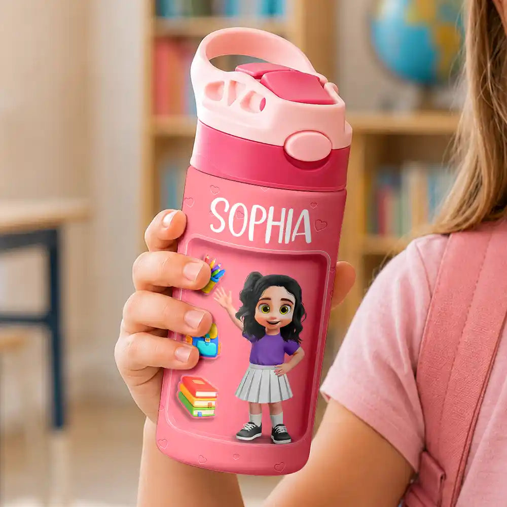 Adorable,Back To School,Gift For Kids,Vector - Adorable Kid Getting Ready For School - Personalized Insulated Water Bottle With Straw
