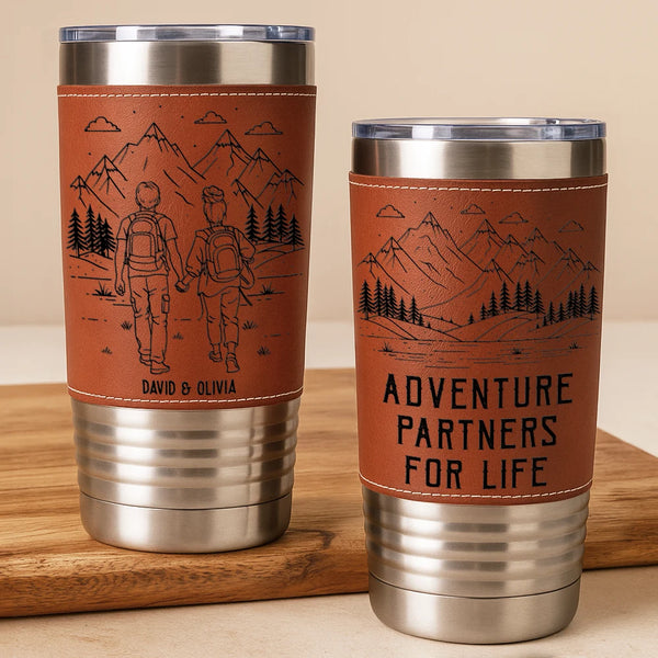 Gift For Couples,Old Couples,Gift For Husband,Gift For Wife,Gift For Boyfriend,Gift For Girlfriend,Happy - Adventure Partners For Life - Personalized Leather Tumbler