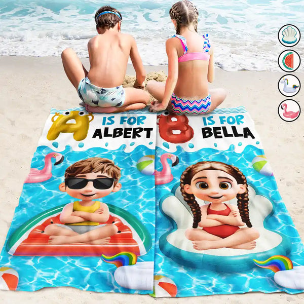Gift For Kids, Gift For Daughter, Gift For Son, Gift For Sibling, Gift For Sisters, Gift For Brothers, Summer, Beach, Poolside, Swimming, Happy - Alphabet Kid Baby On Swimming Pool Float - Personalized Beach Towel