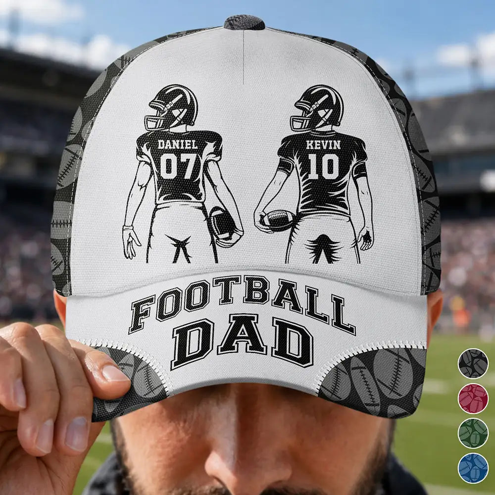 Gift For Father,Gift For Grandpa,Football,Non-Eng,Icon,Confident - American Football Dad Papa Kids Backside Line Art - Personalized Classic Cap