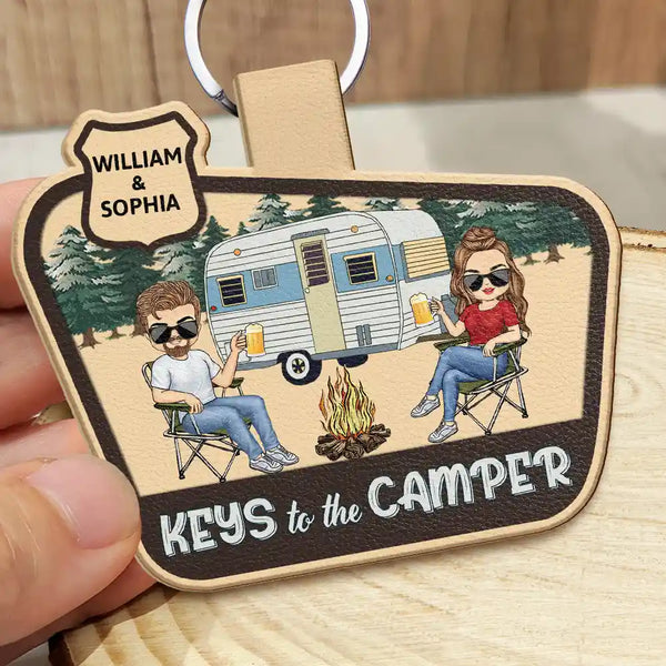 Keys To The Camper Chibi Camping Couple - Personalized Custom Shaped Leather Keychain