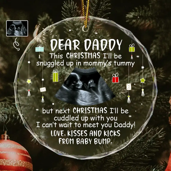 Custom Photo Baby Bump To Daddy, Mommy New Parents Christmas - Personalized Circle Glass Ornament