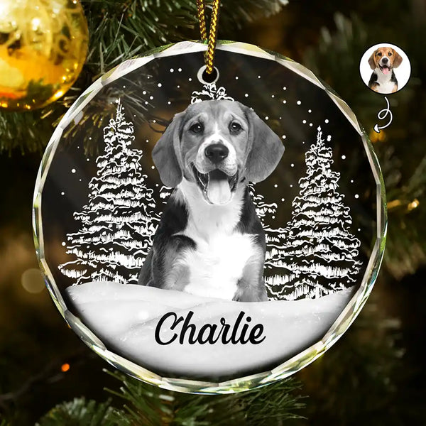 Christmas,Custom Photo,Pet Lovers - Custom Photo Grayscale Dog Face Pet Memorial - Personalized Circle Glass Ornament