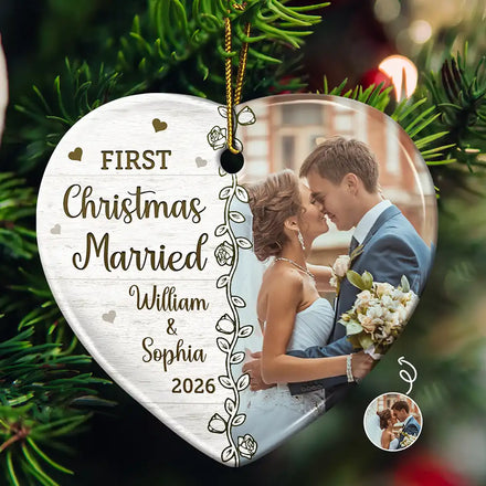 Custom Photo First Christmas Married - Personalized Heart Ceramic Ornament