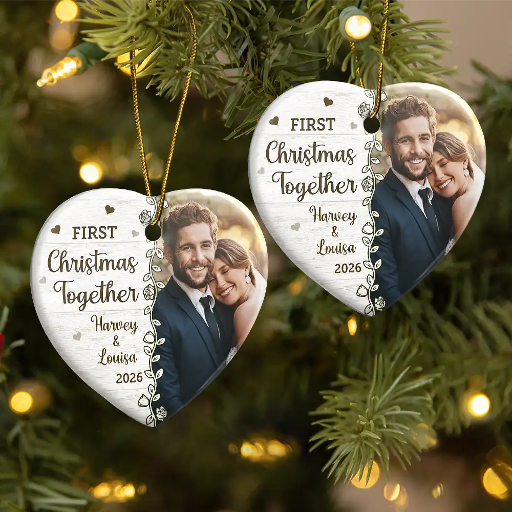 Custom Photo First Christmas Married - Personalized Heart Ceramic Ornament