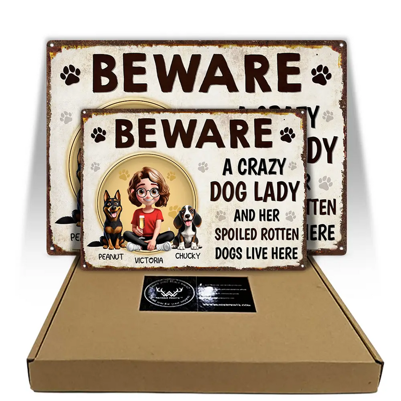 Dog Lovers,Dog Mom,Pet Lovers - Beware A Crazy Dog Lady And Her Dogs Live Here - Personalized Classic Metal Signs