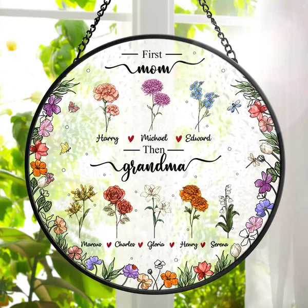 First Mom Now Grandma Birth Flower - Personalized Stained Glass Window Hanging Suncatcher