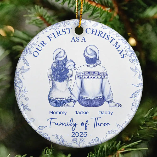 First Christmas As A Family Of Three New Parents Toile - Personalized Circle Ceramic Ornament