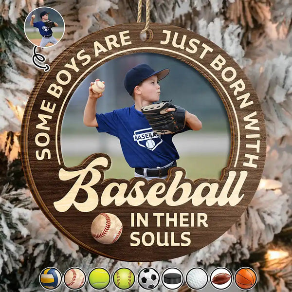 Gift For Kids,Gift For Grandkids,Custom Photo,Gift For Yourself,Happy,Christmas,Top Market - Custom Photo Born With Baseball In Their Souls - Personalized 2-Layered Wooden Ornament