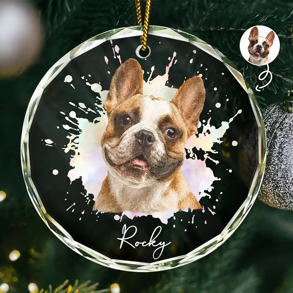 Art Design,Christmas,Cozy,Pet Lovers,Photo - Watercolor - Remove BG - Custom Photo Realistic Watercolor Art Portrait Cat Dog Pet - Personalized Circle Glass Ornament