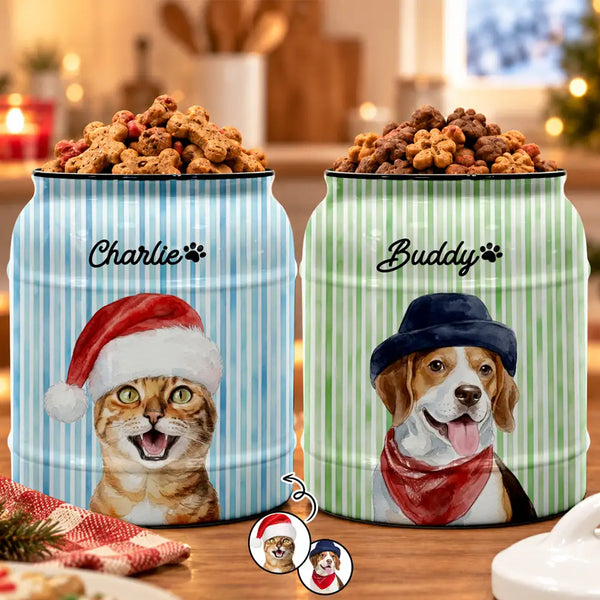 Art Design,Christmas,Custom Photo,Pet Lovers,Photo - Watercolor - Remove BG,Playful,Top Market - Dog Cat Treat Storage Gift For Pet Lovers - Personalized Custom Photo Watercolor Pet Portrait Striped Pattern Cookie Jar