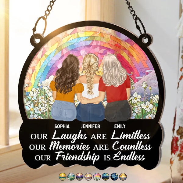 Gift For Bestie, Gifts For Colleagues, Gift For Sisters - Besties Our Laughs Are Limitless Best Friends - Personalized Window Hanging Suncatcher Ornament