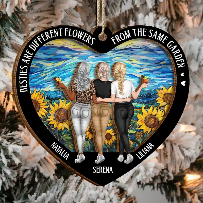 Gift For Bestie, Gift For Sisters - Flower Field Sisters Are Different Flowers From The Same Garden - Personalized 2-Layered Wooden Ornament