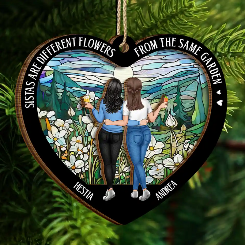 Gift For Bestie, Gift For Sisters - Flower Field Sisters Are Different Flowers From The Same Garden - Personalized 2-Layered Wooden Ornament