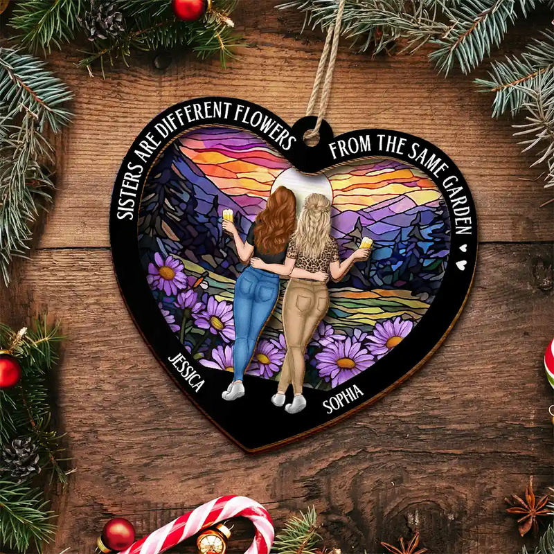 Gift For Bestie, Gift For Sisters - Flower Field Sisters Are Different Flowers From The Same Garden - Personalized 2-Layered Wooden Ornament