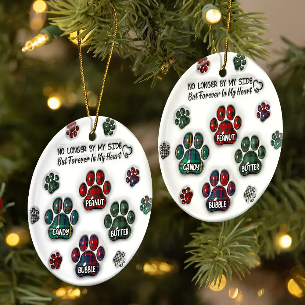 Memorial Dog Cat You Left Paw Prints On My Heart - 3D Inflated Effect Printed Ornament, Personalized Circle Ceramic Ornament