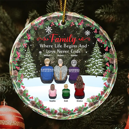 Christmas Family Where Life Begins And Love Never Ends - Personalized Circle Glass Ornament