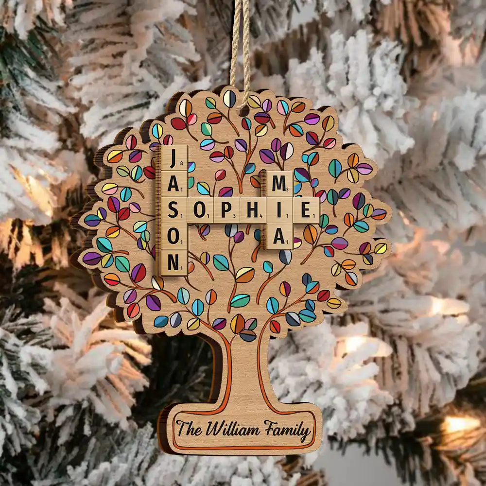 Christmas, Family, Happy - Family Tree Of Life Crossword Scrabble - Personalized 2-Layered Wooden Ornament