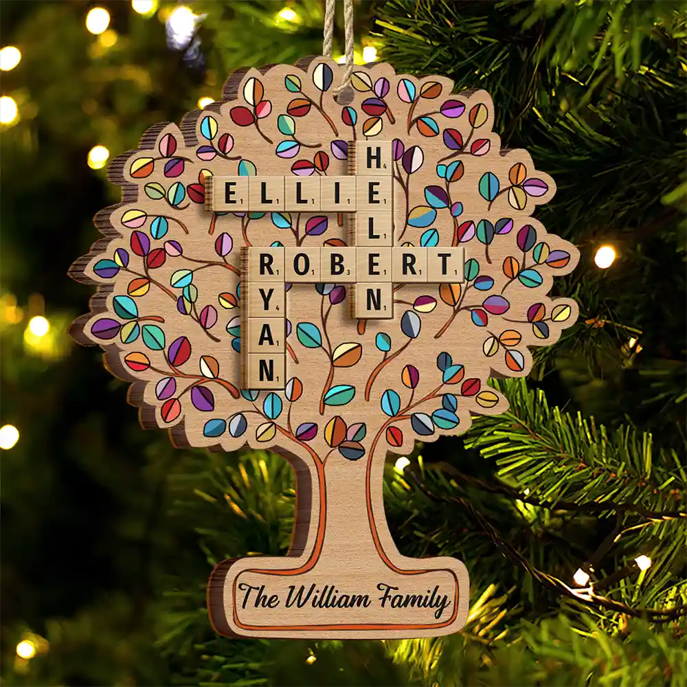 Christmas, Family, Happy - Family Tree Of Life Crossword Scrabble - Personalized 2-Layered Wooden Ornament
