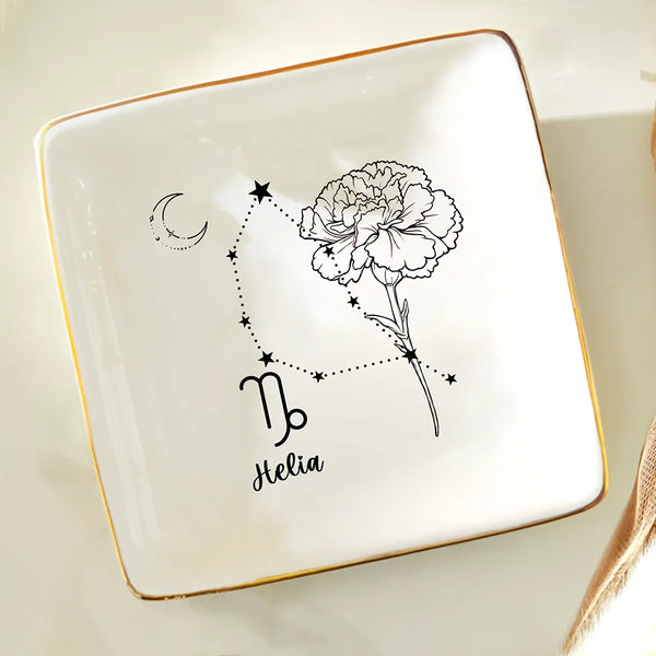 Gift For Yourself,Gift For Women,Gift For Wife,Gift For Girlfriend,Gift For Mother,Gift For Daughter,Gift For Sisters,Gift For Bestie,Gift For Grandma - Zodiac Sign Birth Month Flower - Personalized Ring Dish