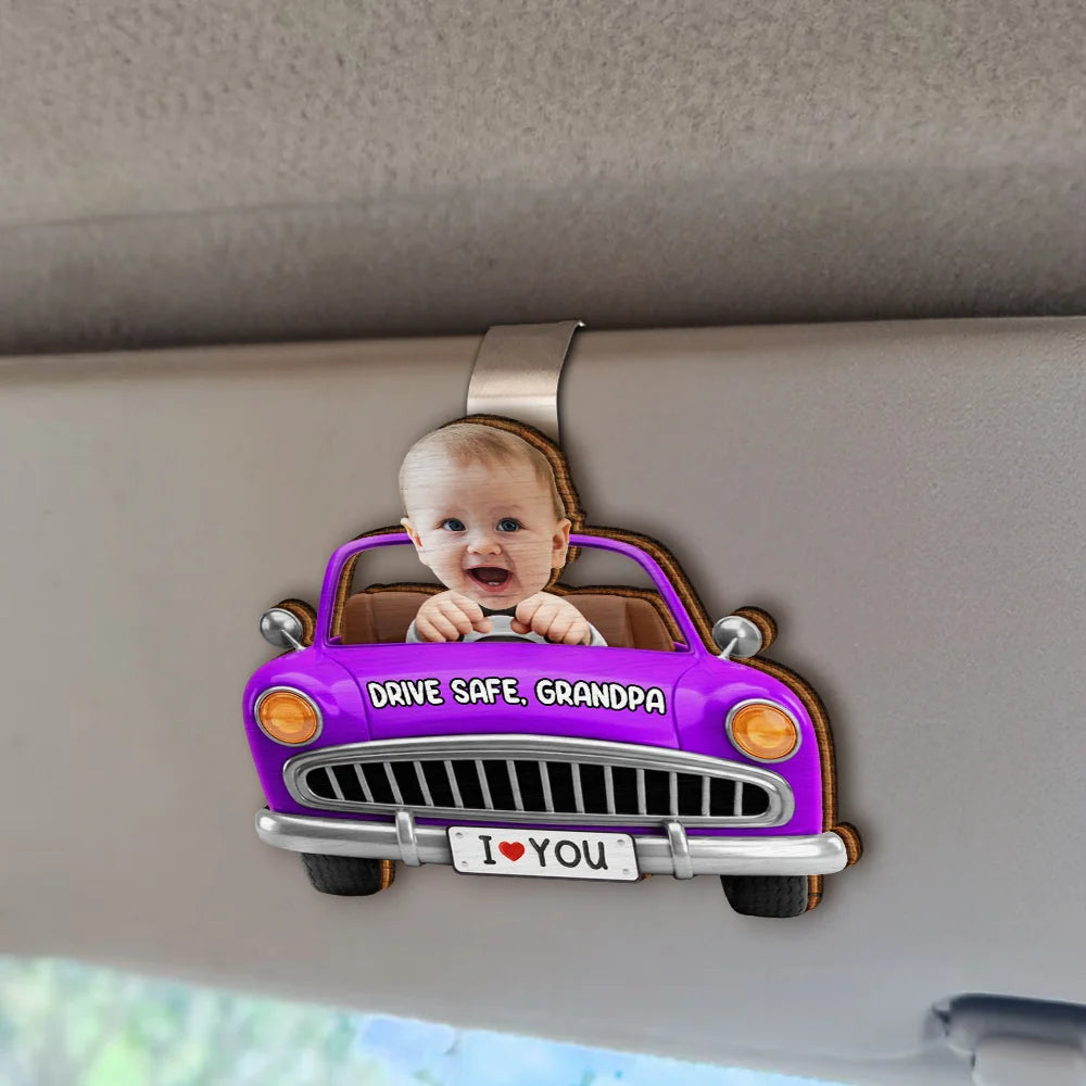 Gift For Father,Gift For Grandpa,Top Market,Photo,Icon,Adorable - Custom Photo Drive Safe Dad Papa 3D Effect Funny Car - Personalized Custom Shaped Car Visor Clip