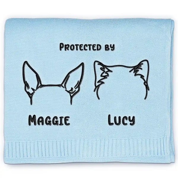 New baby,New Dad,New Mom,Gift For Kids,Happy,Pet Lovers - Baby Protected By Pet Dog Cat Ears Outline - Personalized Embroidered Knitted Baby Blanket