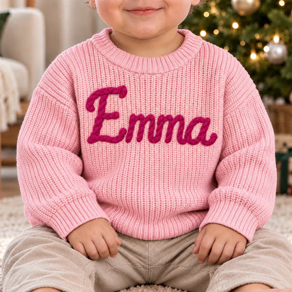 Adorable,Christmas,Custom Text,Gift For Baby,New Baby - Baby Shower Gift For Newborn - Personalized Hand Embroidered Kid Name Knit Sweater